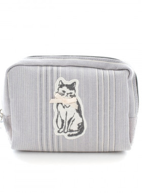 出口日本20春夏新款 刺绣优雅领结猫条纹布艺收纳袋多分隔化妆包