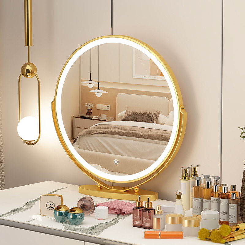 台式智能led化妆镜带灯光女生主卧桌面轻奢网红奶油风梳妆台镜子