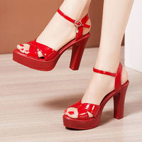 10cm red patent leather high-heeled sandals for women 2026 summer new style waterproof platform one-button thick-heeled fish-mouth sandals for women thumbnail 5