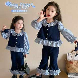 工厂批发童装女童套装秋季女孩韩版上衣假3件长袖儿童喇叭裤1-6岁