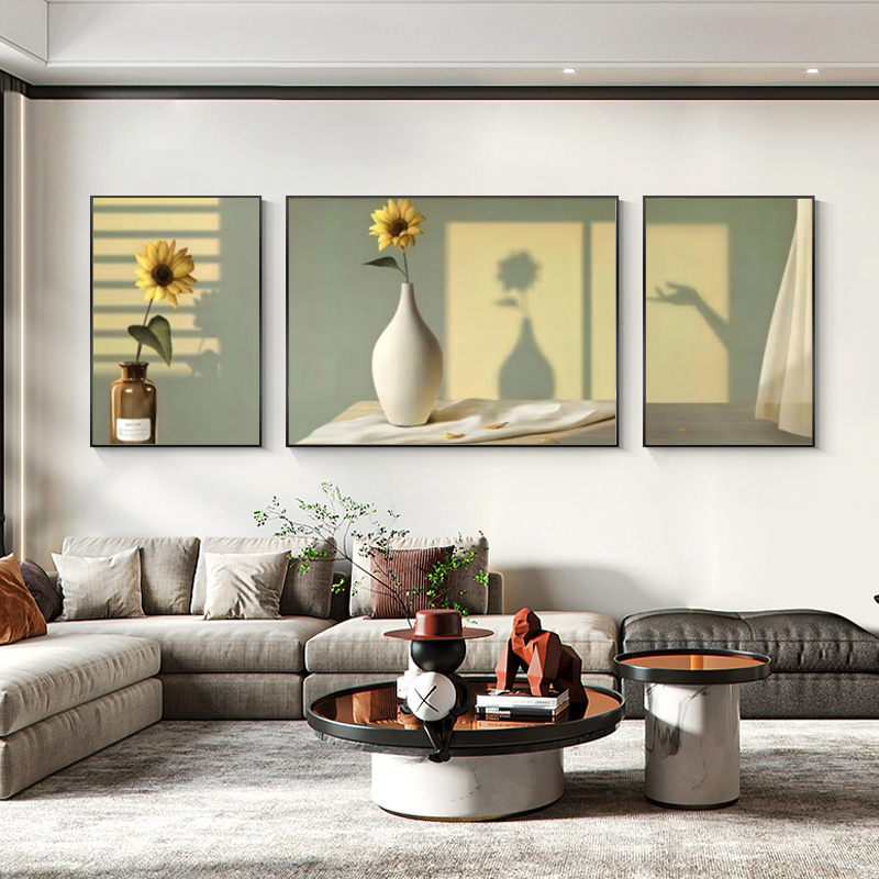 现代轻奢抽象极简光影植物花卉客厅沙发背景墙璧三联画装饰画挂画图片