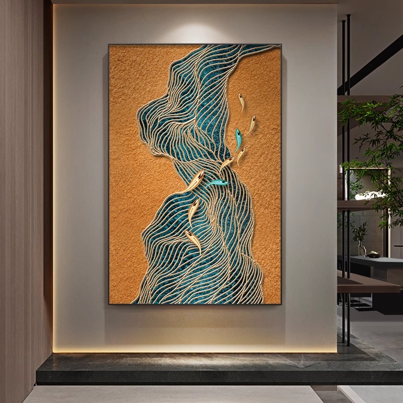 九鱼图玄关装饰画轻奢抽象沙发背景墙画简约现代中式客厅落地挂画