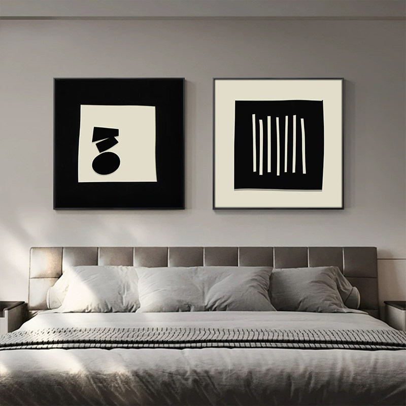 艺术餐厅侘寂风装饰画抽象主卧房间高级感壁画卧室床头正方形挂画