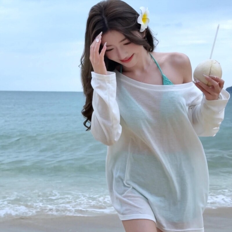 泳衣罩衫比基尼外搭罩衫可下水辣妹斜肩海边沙滩防晒冰丝遮挡纱