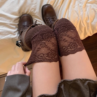 棕色蕾丝花边过膝袜女配靴子咖色小腿袜秋冬长筒靴袜子春秋长袜秋