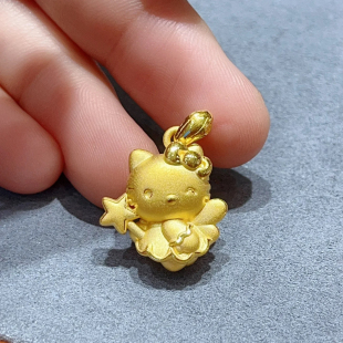 999足金魔法棒Hellokitty猫吊坠黄金魔法哈喽星星凯蒂猫金项链