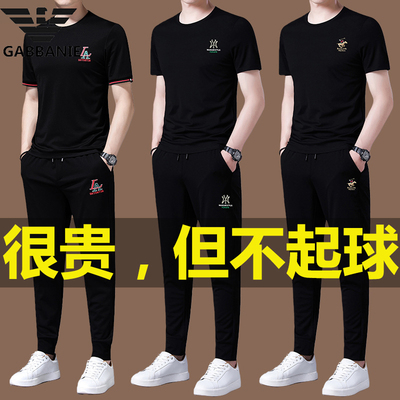 奇阿玛尼亚名牌桑蚕丝运动服套装男夏季跑步冰丝短袖圆领T恤一套