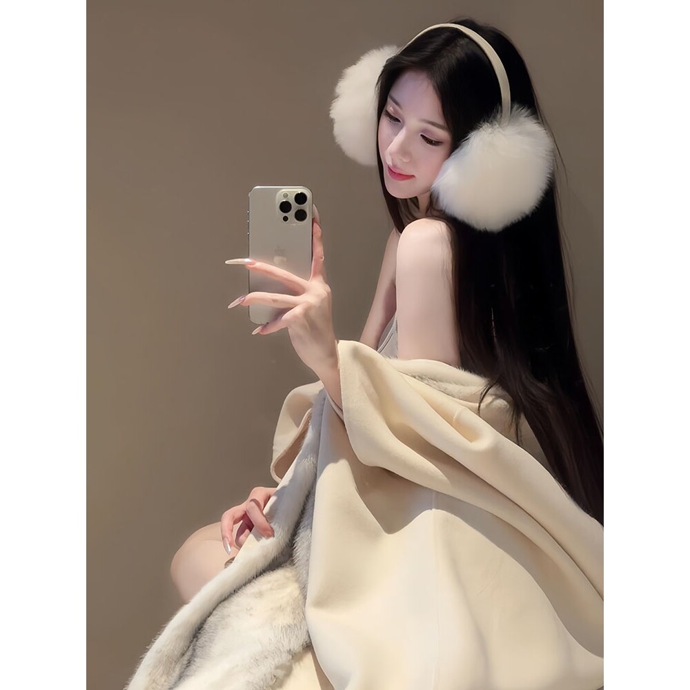 白色仿狐狸毛超大毛绒耳罩女冬季氛围感保暖防寒耳套显脸小耳捂子