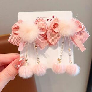 毛球流苏蝴蝶结儿童发夹后脑勺女童毛毛发饰发卡鲨鱼秋冬头饰洋气