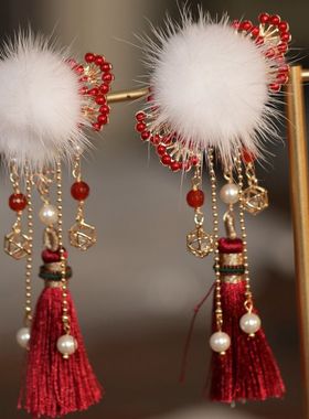 古风汉服发饰夹子头饰发夹拜年红色可爱毛球边夹森系仙美流苏穗子