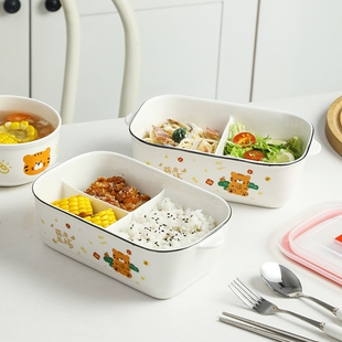 微波炉加热饭盒专用上班族带盖可爱卡通学生陶瓷分格碗圆形便当盒
