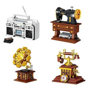 复古怀旧中国风缝纫留声收音电话机儿童拼装中国积木玩具