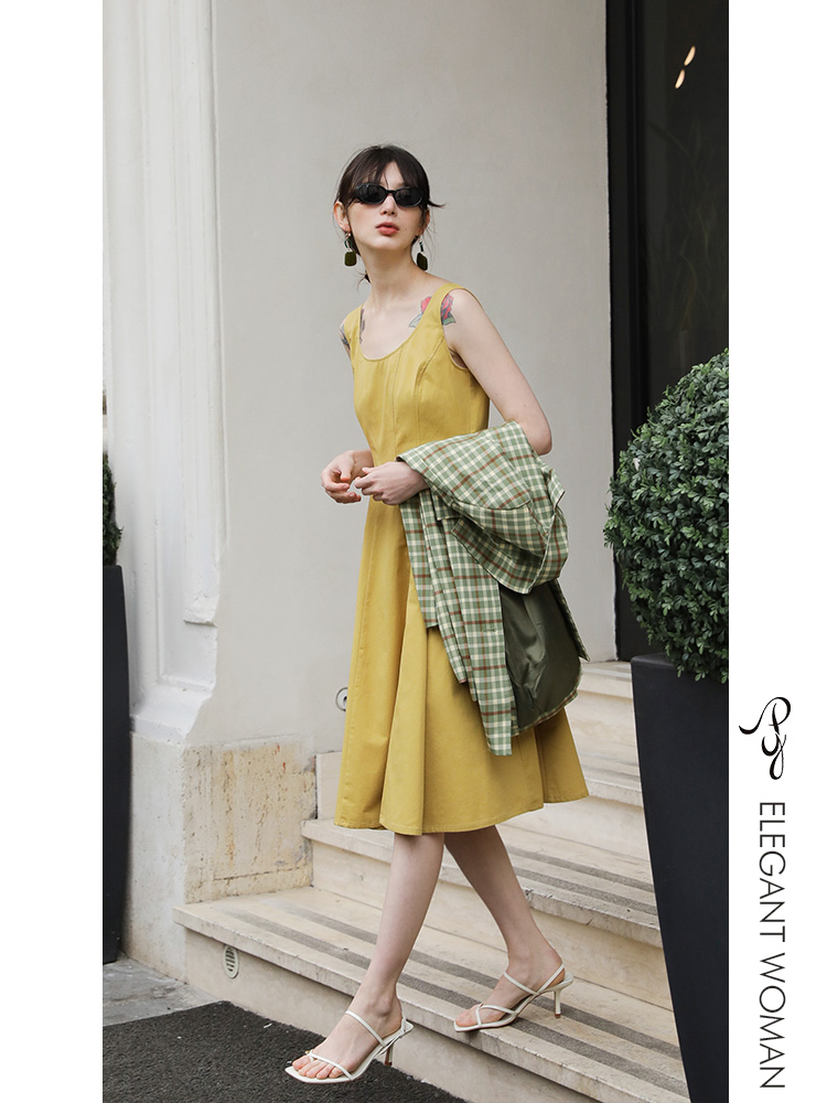 PY裙子女2019新款夏智熏裙法式桔梗复古显瘦裙过膝很仙连衣裙长裙有赠品