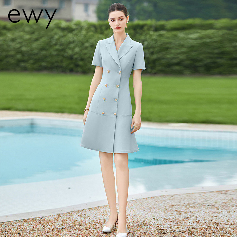 ewy时尚优雅蓝色短袖职业连衣裙女气质双排扣修饰通勤西服裙子OL