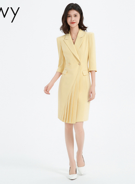 ewy沈倩同款黄色连衣裙七分袖西装裙播音艺考演讲比赛商务主持人