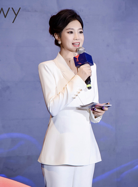 ewy纯白西装套装七分袖薄款婚礼商务主持人正装正式场合教师通勤