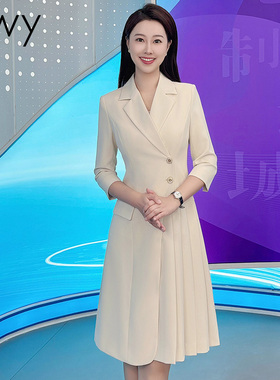 ewy夏季米白色连衣裙2025新款高级设计感商务主持通勤正式场合