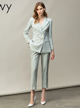 时尚浅绿色西装套装女气质高端总裁春秋新款时尚双排扣长袖西服ol