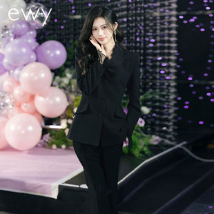 EWY蕾丝拼接黑色西装套装女年会演讲主持人职业正装两件套春秋