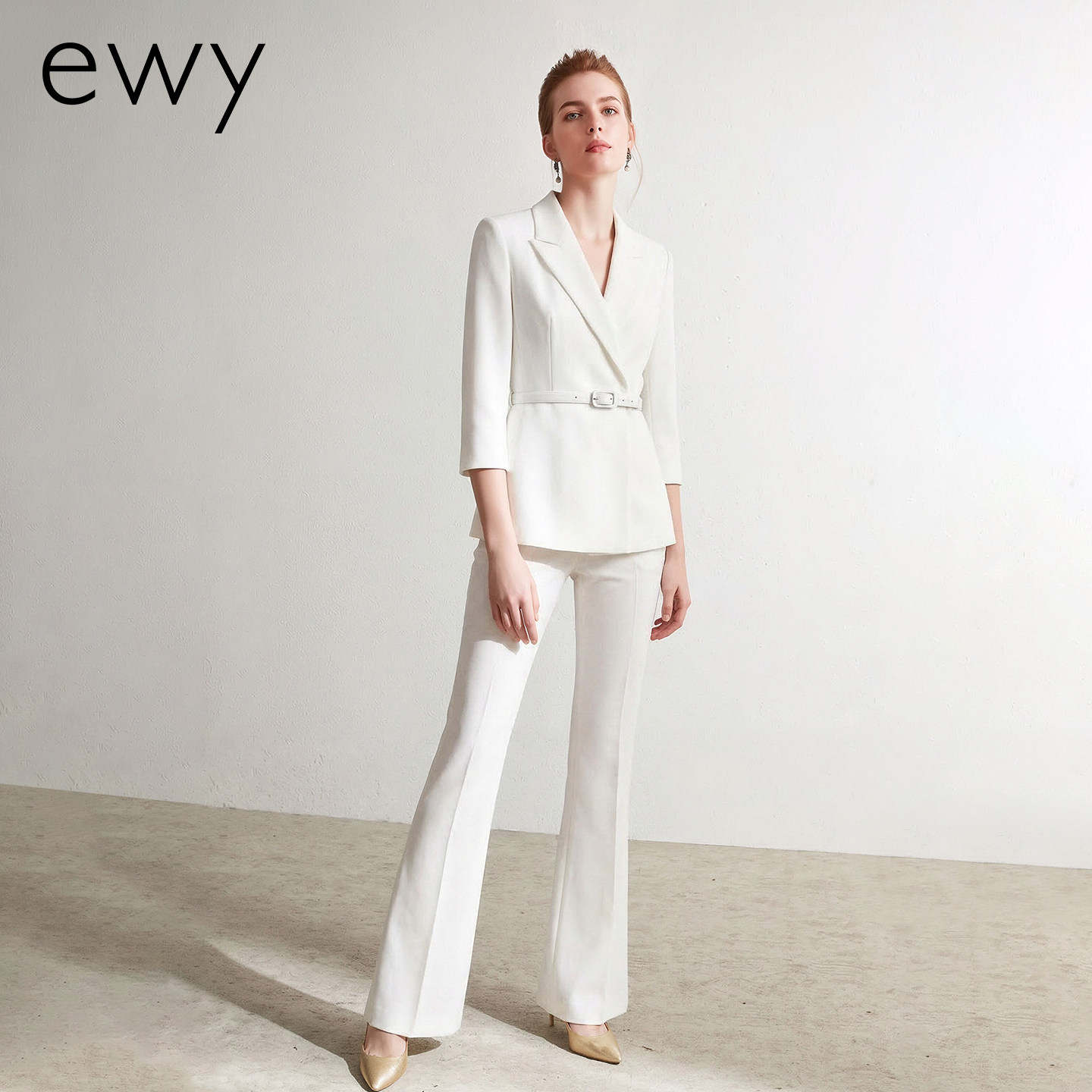 ewy白色职业套装女七分袖西装外套阔腿裤职场两件套OL气质通勤装