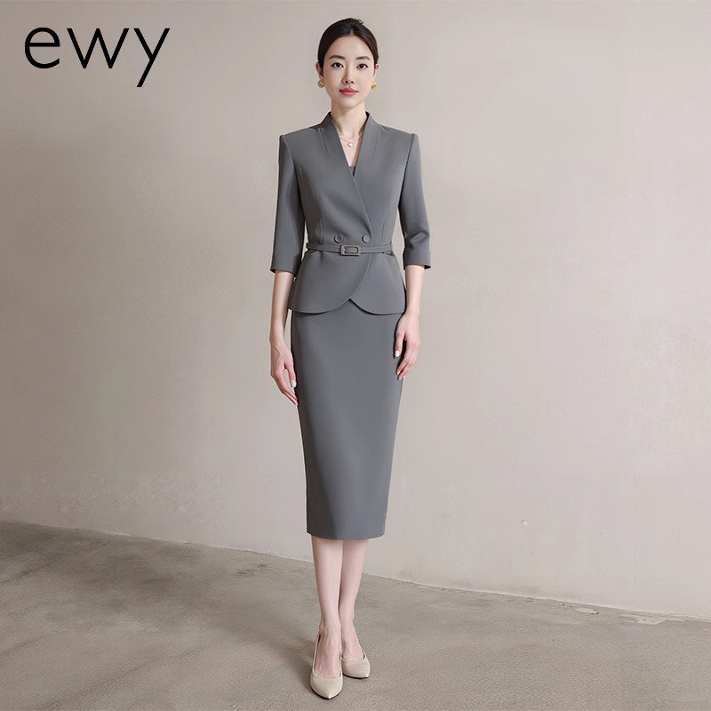 ewy灰色西装套装女2026年春夏新款职业装通勤ol风气质收腰两件套