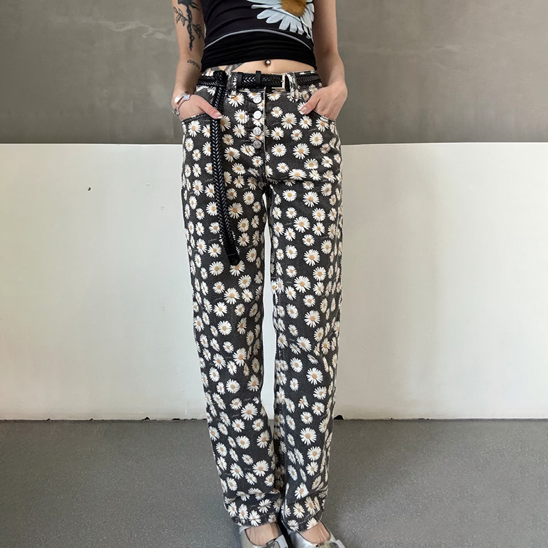 美式小众 2026早秋复古小雏菊印花牛仔裤四扣工装直筒九分裤女