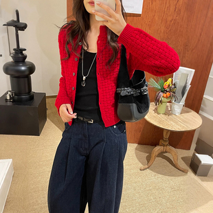 纹编织圆领开衫 2026早春新年红色小香风格 聚会外套女 小众 法式