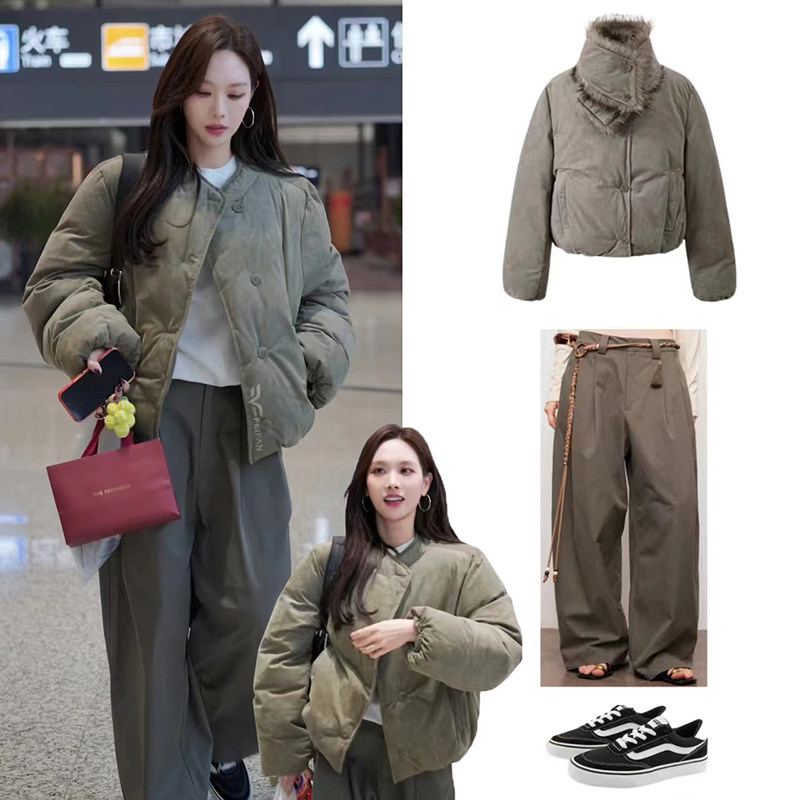 热巴~款 2025秋冬麂皮可拆卸皮草围巾暖时尚面包服短款棉服女外套