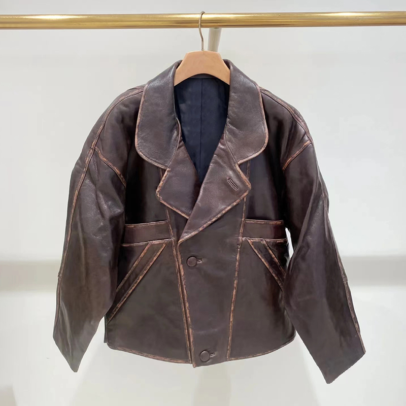 法单小众 2025秋冬做旧机车款油腊皮棕黄宽松西装领中性皮衣外套