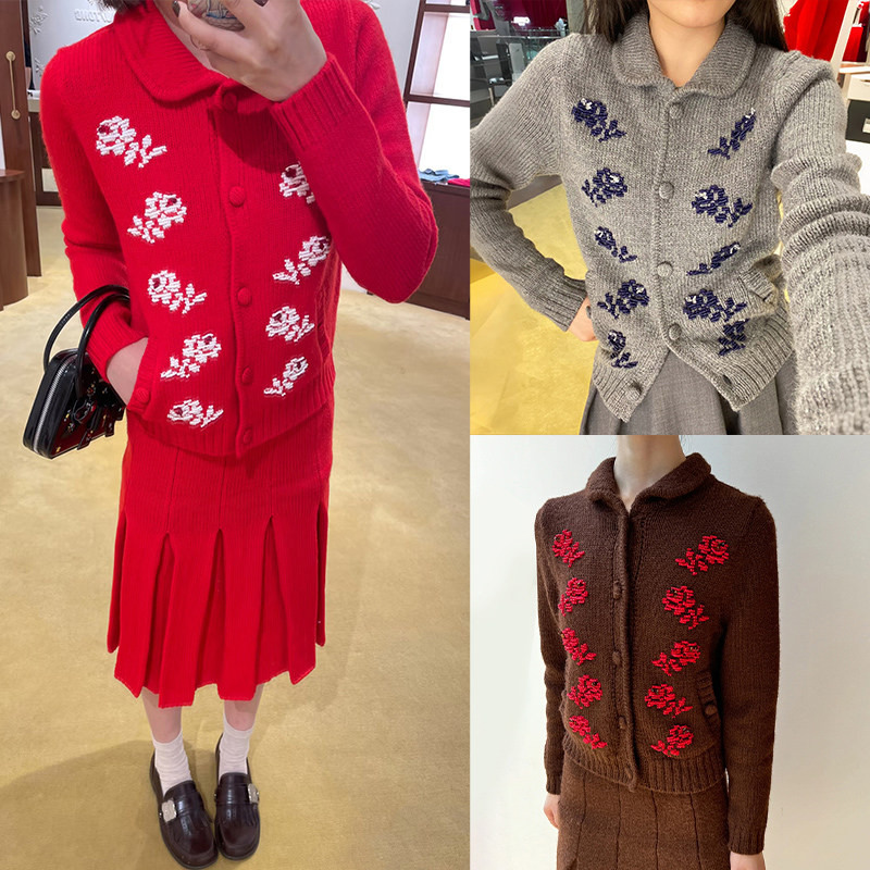 法式小众 2026早春新时尚淑女串珠刺绣立体花卉小翻领开衫毛衣女