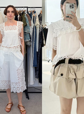 法式小众2026春夏白色镂空方领系带飞袖上衣圆领T恤宽松中裤女
