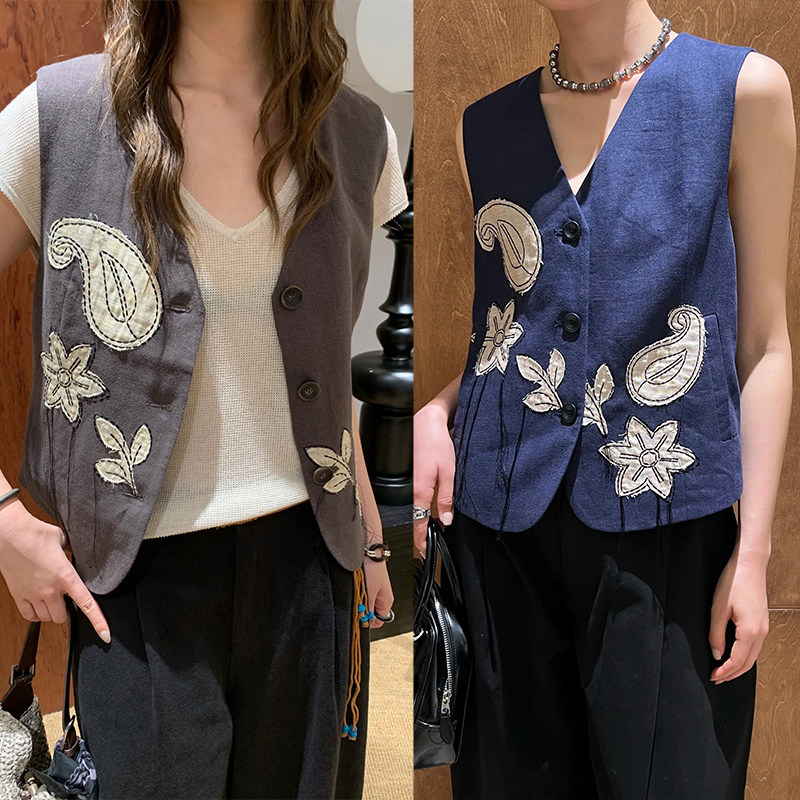 法式小众2026早春腰果花贴布绣流苏线条V领舒适麻料百搭马甲,女装/女士精品,马夹,淘宝优惠券,粉丝福利购,淘宝优惠卷