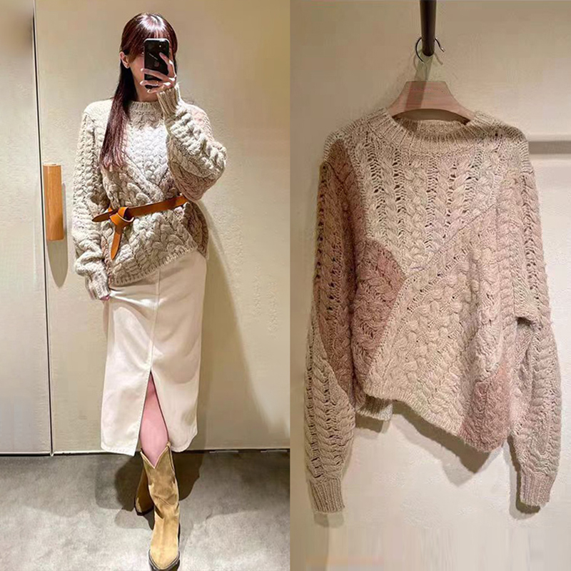 法式小众 2025秋冬新文艺拼色不规则下摆钩织麻花镂空圆领毛衣女