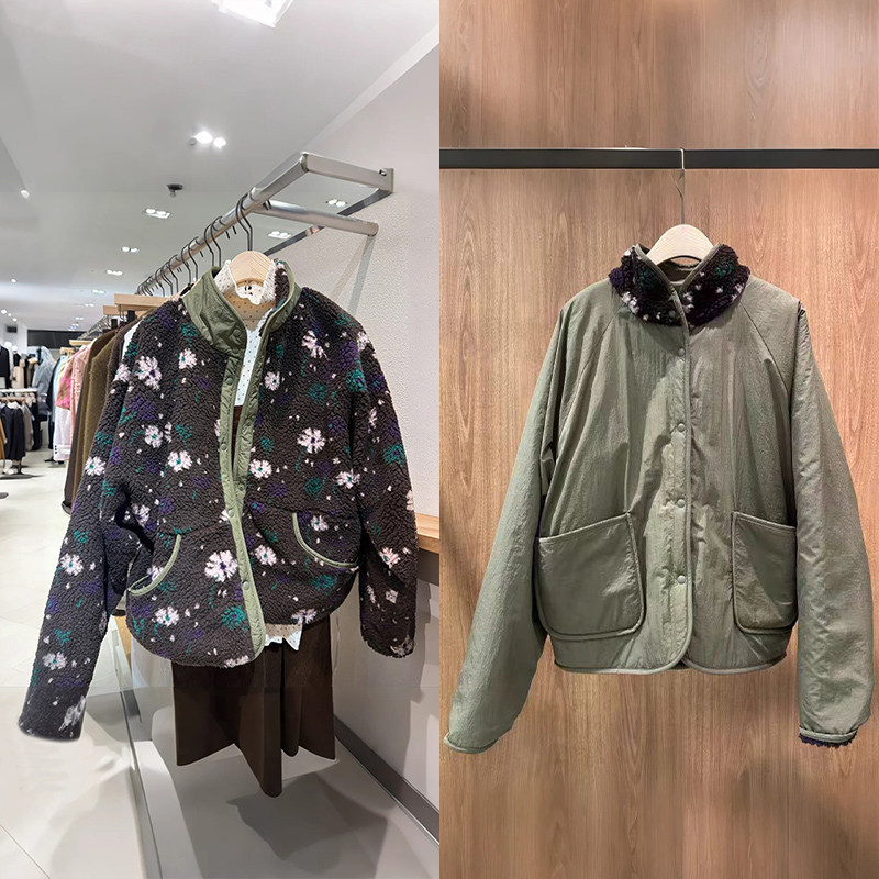 韩国小众 2025秋冬新潮线正反两穿碎花羊羔绒立领保暖宽松外套女