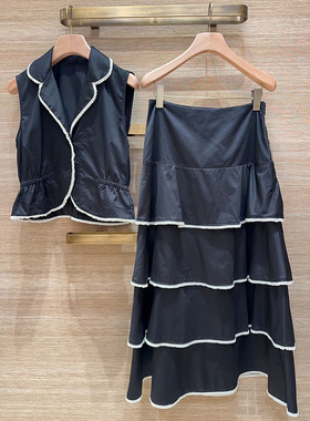 法式小众 2026春夏减龄珍珠饰边西装领无袖上衣叠层蛋糕半裙女