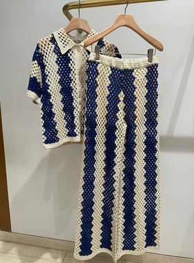 法单M家 2025夏季新款手工钩织竖纹网眼镂空针织翻领衫长裤套装女