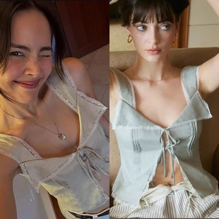 泰国小众 2025夏季新款悠闲假日马卡龙色系绳蕾丝边吊带超短上衣