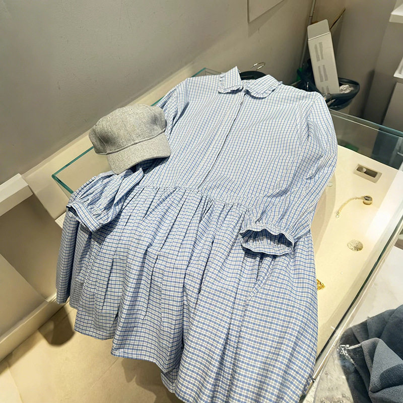 法式小众 2025春夏宽松小清新棋盘方格子荷叶边娃娃领宽松连衣裙