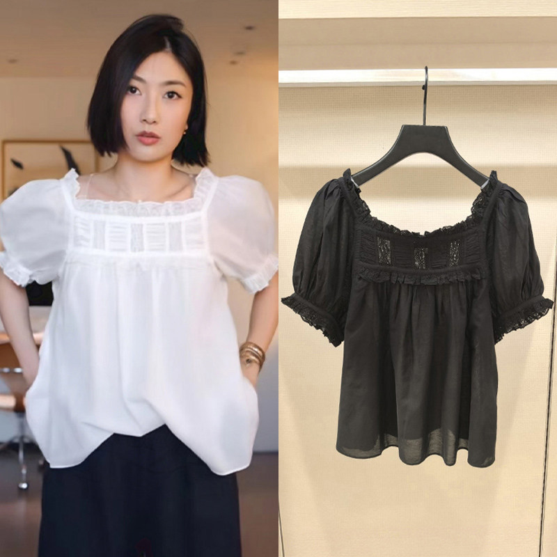 SAVI~款2026夏季甜美舒适纯色套头方领短袖蕾丝花边女娃娃衫