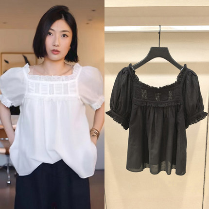 SAVI~款2026夏季甜美舒适纯色套头方领短袖蕾丝花边女娃娃衫