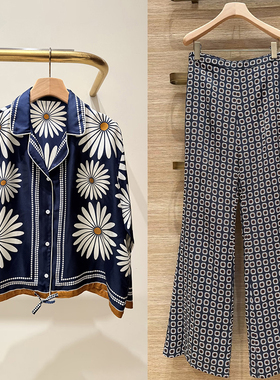 法式小众 2026早春老钱风大雏菊西装领抽绳收腰衬衣长裤套装女