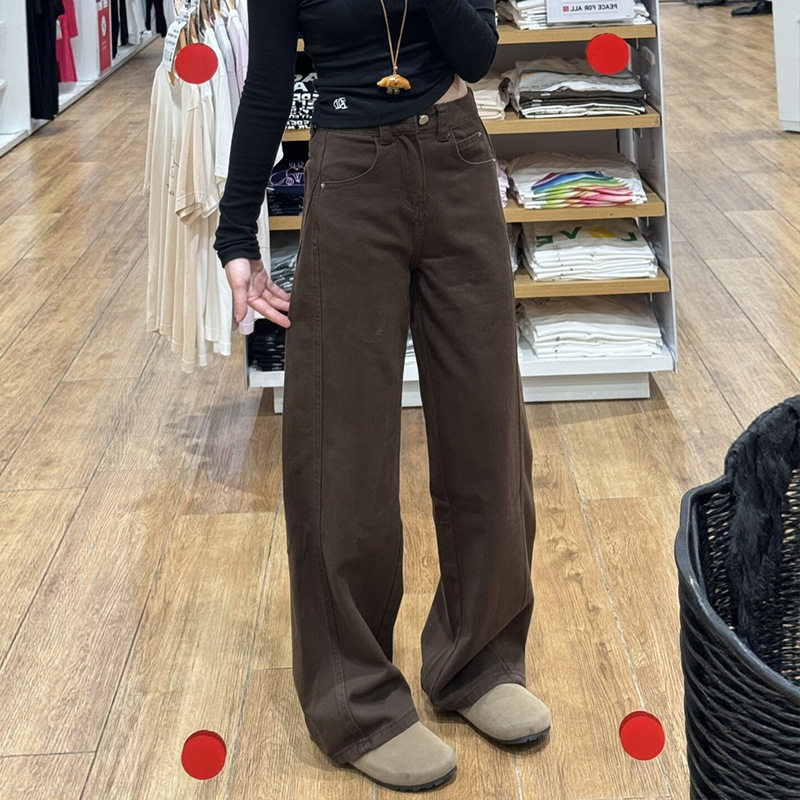 冬季美拉德棕色阔腿加绒牛仔裤女小个子大码窄版显瘦弯刀裤子