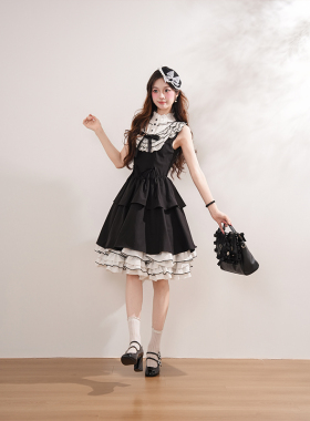 Lolita甜系黑白波点拼接连衣裙多层荷叶边洛丽塔洋装 jsk连衣裙女