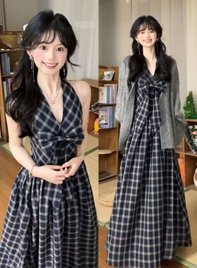 松弛收藏家 春夏新款格纹挂脖连衣裙韩剧财阀高智感度假风两件套