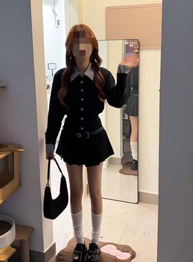 青藤学院 韩系甜辣风翻领收腰显瘦短款外套+修身显瘦半裙两件套女