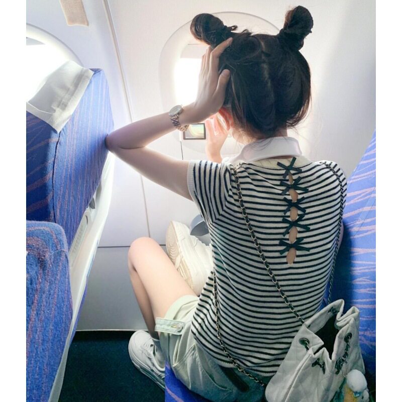 2025新款韩系条纹后背镂空蝴蝶结冰丝短袖t恤女夏季感针织衫上衣
