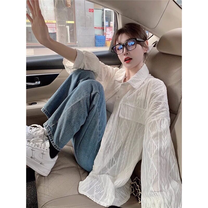 2025新款薄款防晒衫外套女早秋季镂空钩花设计感宽松学生衬衫上衣