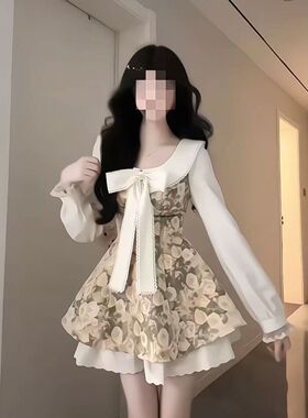 彼岸蔷薇 法式可爱千金风印花蝴蝶结娃娃领收腰显瘦长袖连衣裙女