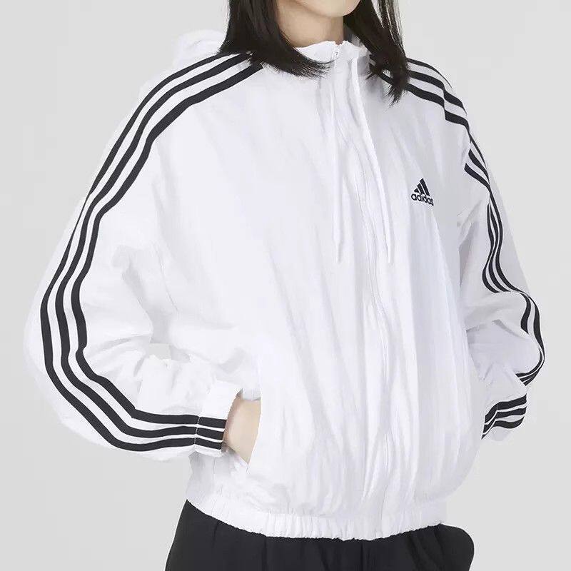 adidas阿迪达斯运动休闲女子宽松运动连帽夹克白色外套IC0560