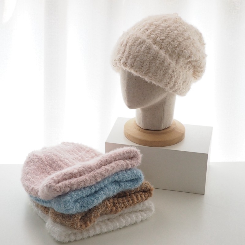 日系大头围宽松卷边清新浅色系针织帽子秋冬保暖粗钩针堆堆毛线帽